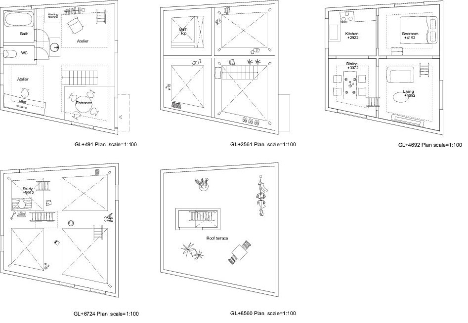Planos de Casa T de Hiroyuki Shinozaki Architects